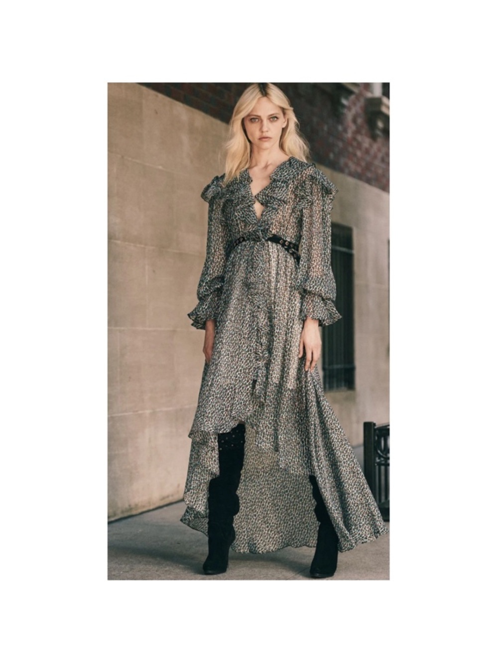 Sheer Ruffle High-Low Leopard Print Dress in Black and Cream